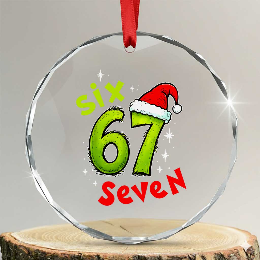 Six Seven Christmas Meme Crystal Glass Ornament Funny Green Grinchy 6 7 with Santa Hat - Wonder Print Shop