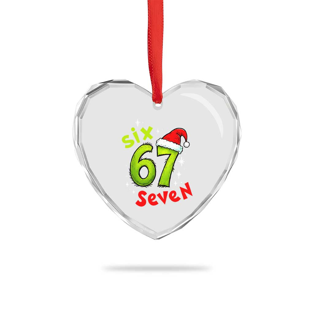 Six Seven Christmas Meme Heart Crystal Glass Ornament Funny Green Grinchy 6 7 with Santa Hat - Wonder Print Shop