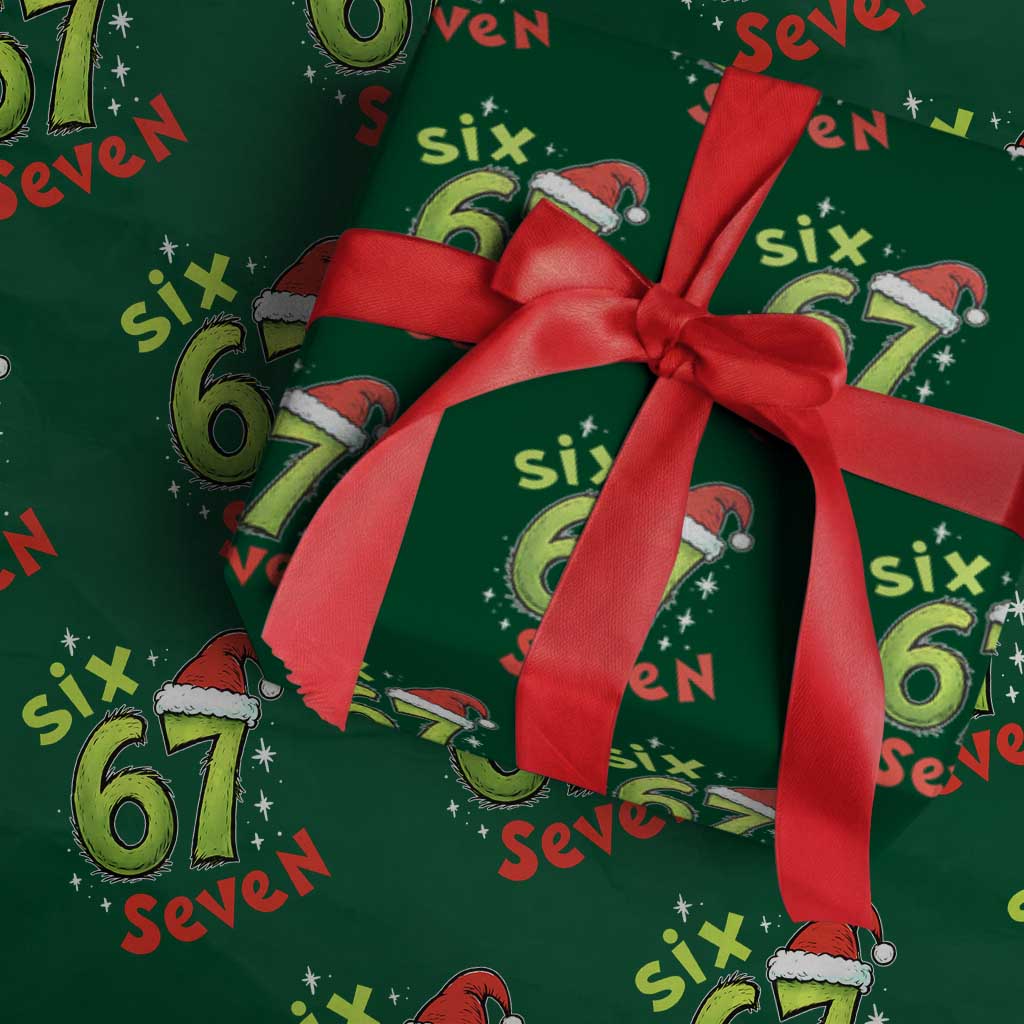 Six Seven Christmas Meme Wrapping Paper Roll Funny Green Grinchy 6 7 with Santa Hat - Wonder Print Shop