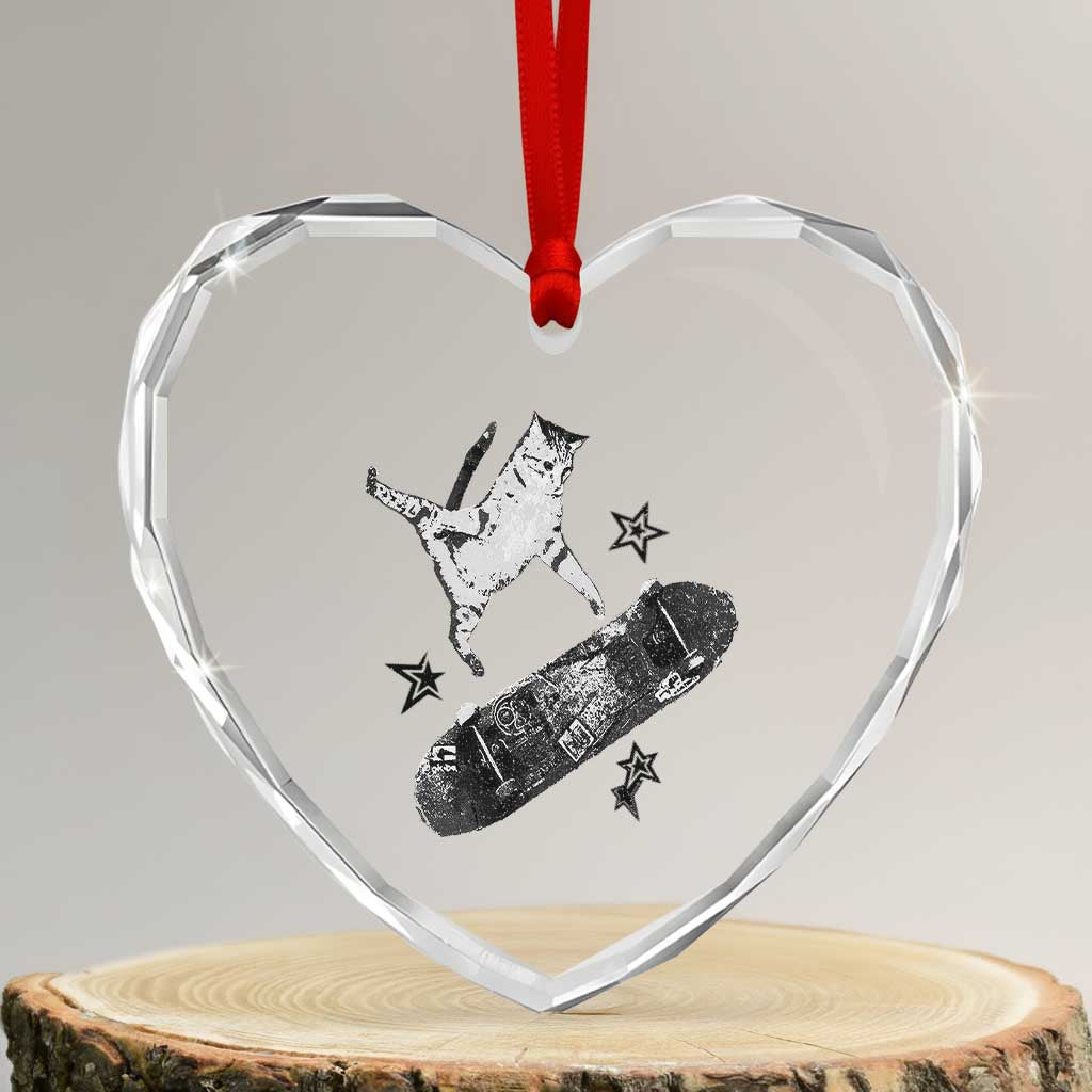 Skateboard Cat Y2K Heart Crystal Glass Ornament Rockstar Gf Aesthetic Cat Retro Grunge Skater - Wonder Print Shop