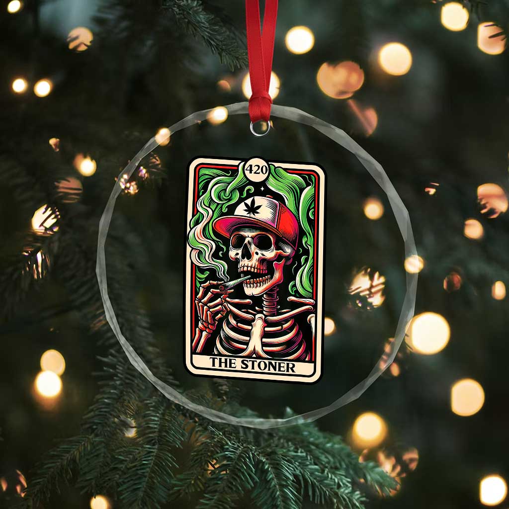 Skeleton 420 The Stoner Crystal Glass Ornament Retro Tarot Card Weed Lover Cannabis Trippy Vibes - Wonder Print Shop