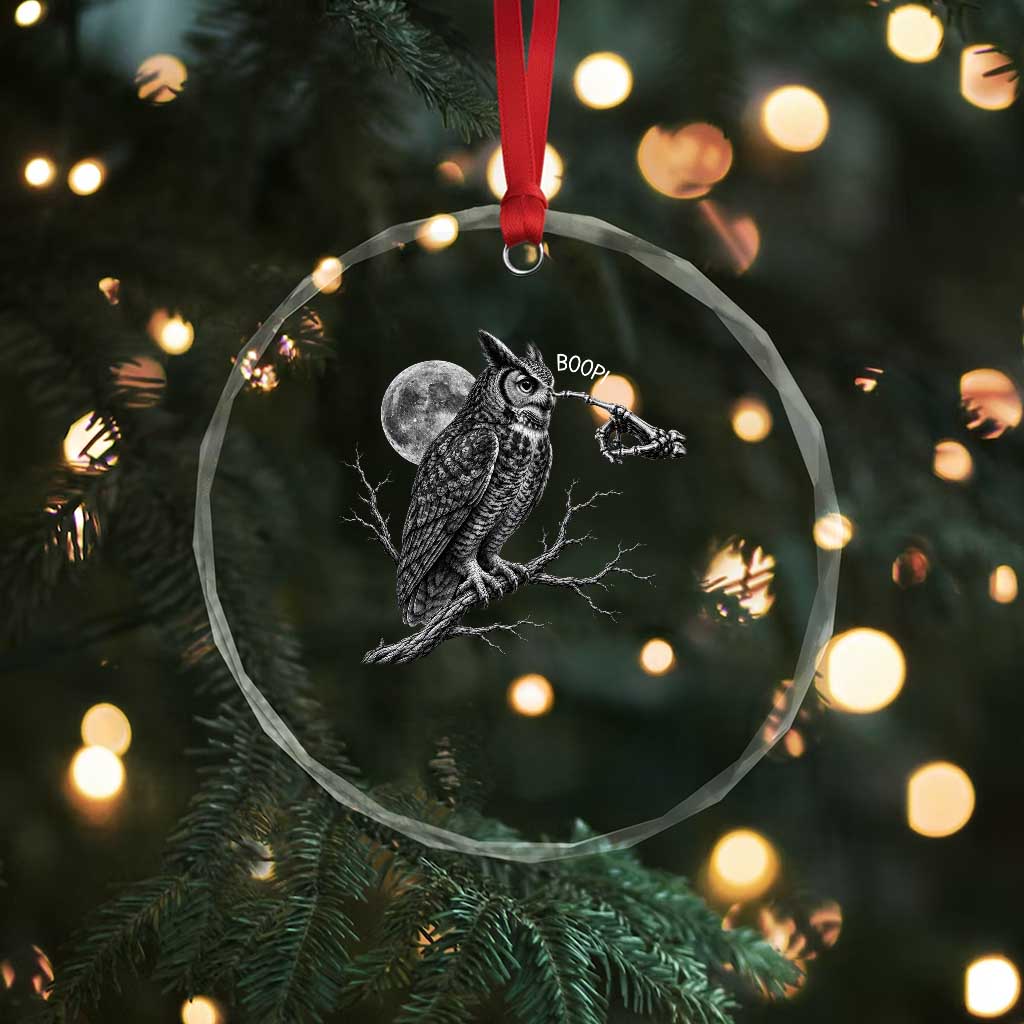 Skeleton Hand Boop Owl Crystal Glass Ornament Funny Spooky Halloween Moon Graphic