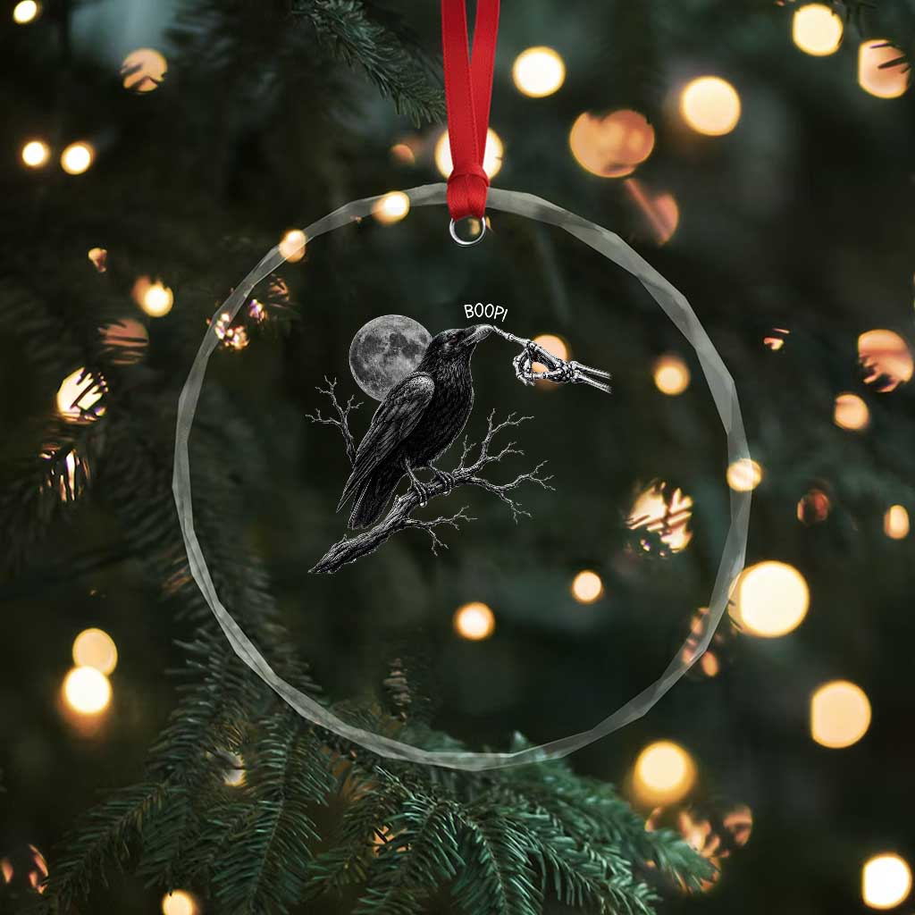 Skeleton Hand Boop Raven Crystal Glass Ornament Funny Spooky Halloween Crow Moon Graphic