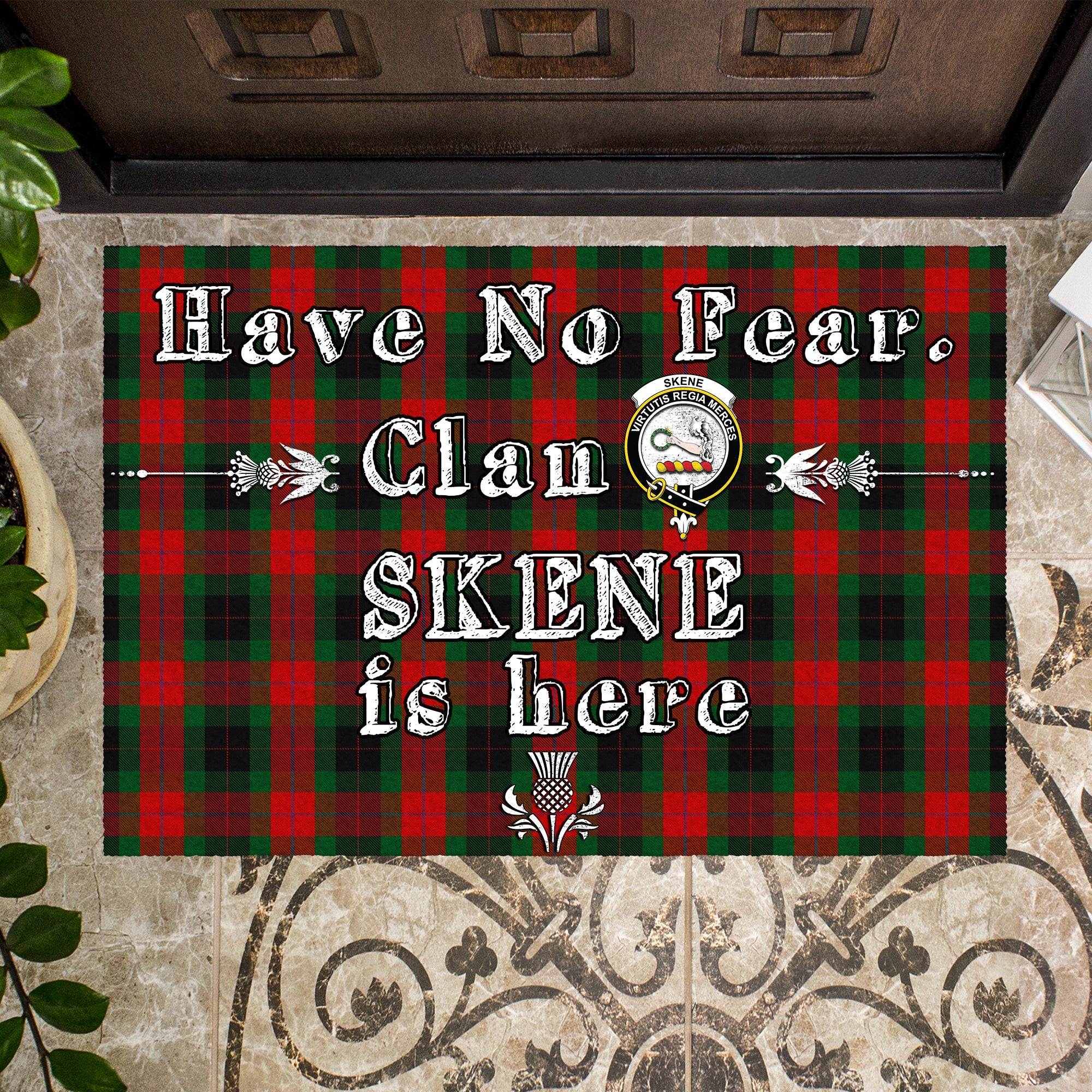 skene-of-cromar-black-clan-tartan-door-mat-family-crest-have-no-fear-tartan-door-mat