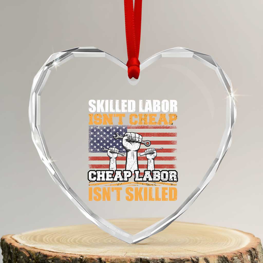 Skilled Labor Patriotic USA Flag Heart Crystal Glass Ornament Blue Collar Trade Union Hand Tools Pride Graphic