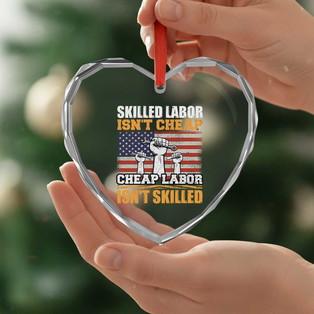 Skilled Labor Patriotic USA Flag Heart Crystal Glass Ornament Blue Collar Trade Union Hand Tools Pride Graphic