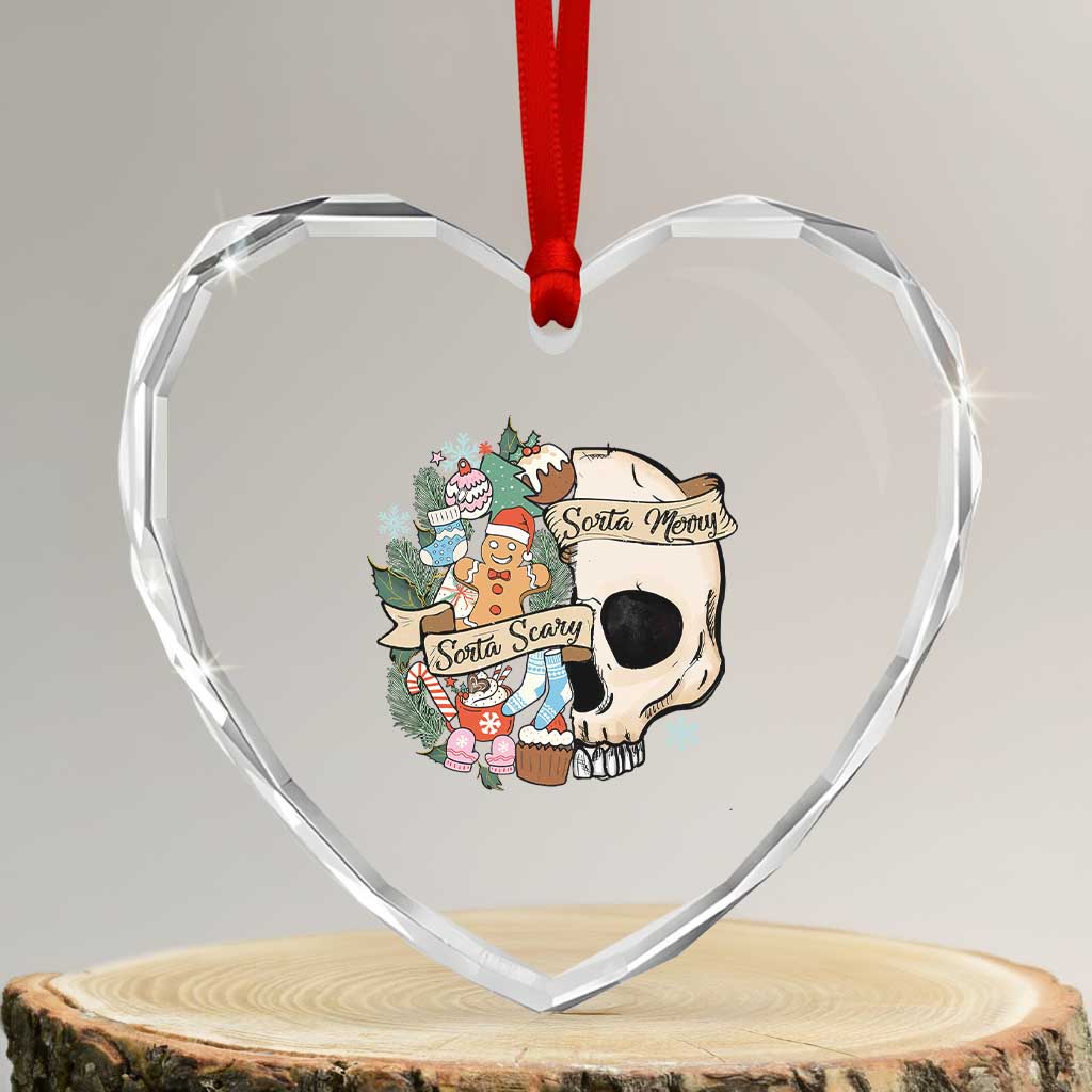 Skull Christmas Heart Crystal Glass Ornament Sorta Scary Sorta Merry - Wonder Print Shop