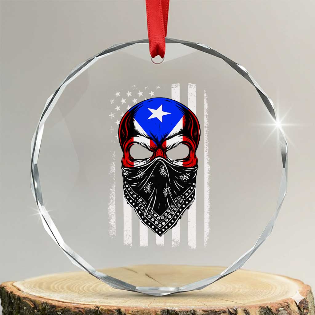 Skull Puerto Rican American Flag Crystal Glass Ornament With Bandana