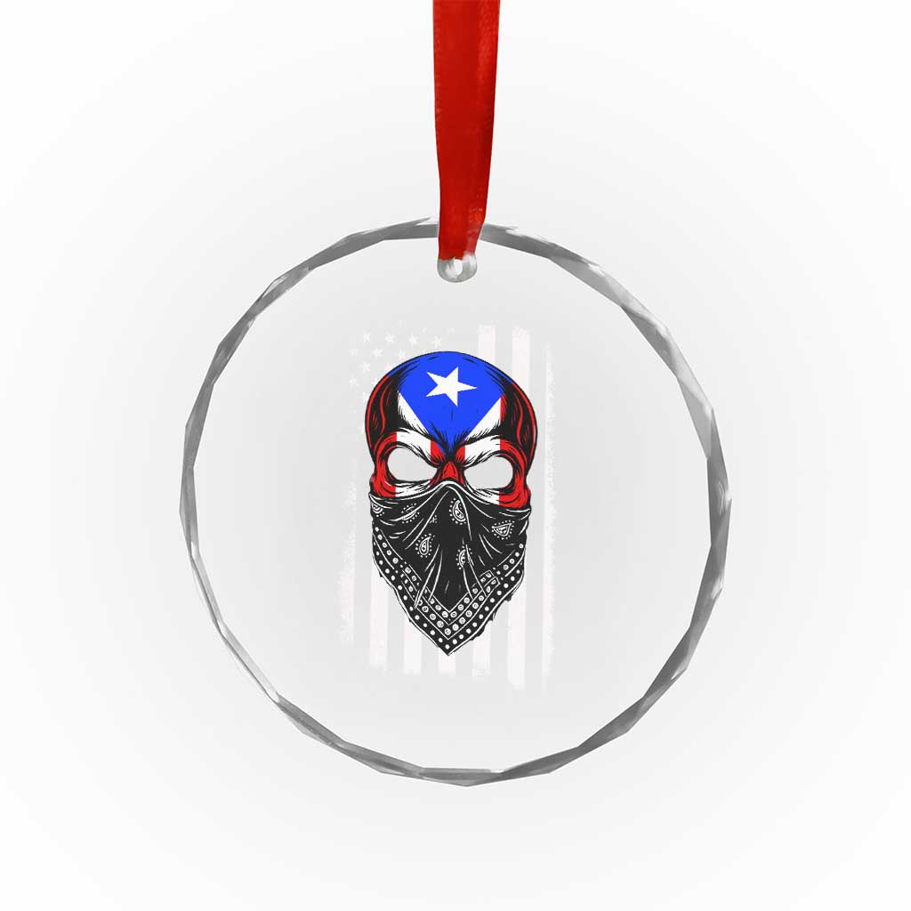 Skull Puerto Rican American Flag Crystal Glass Ornament With Bandana