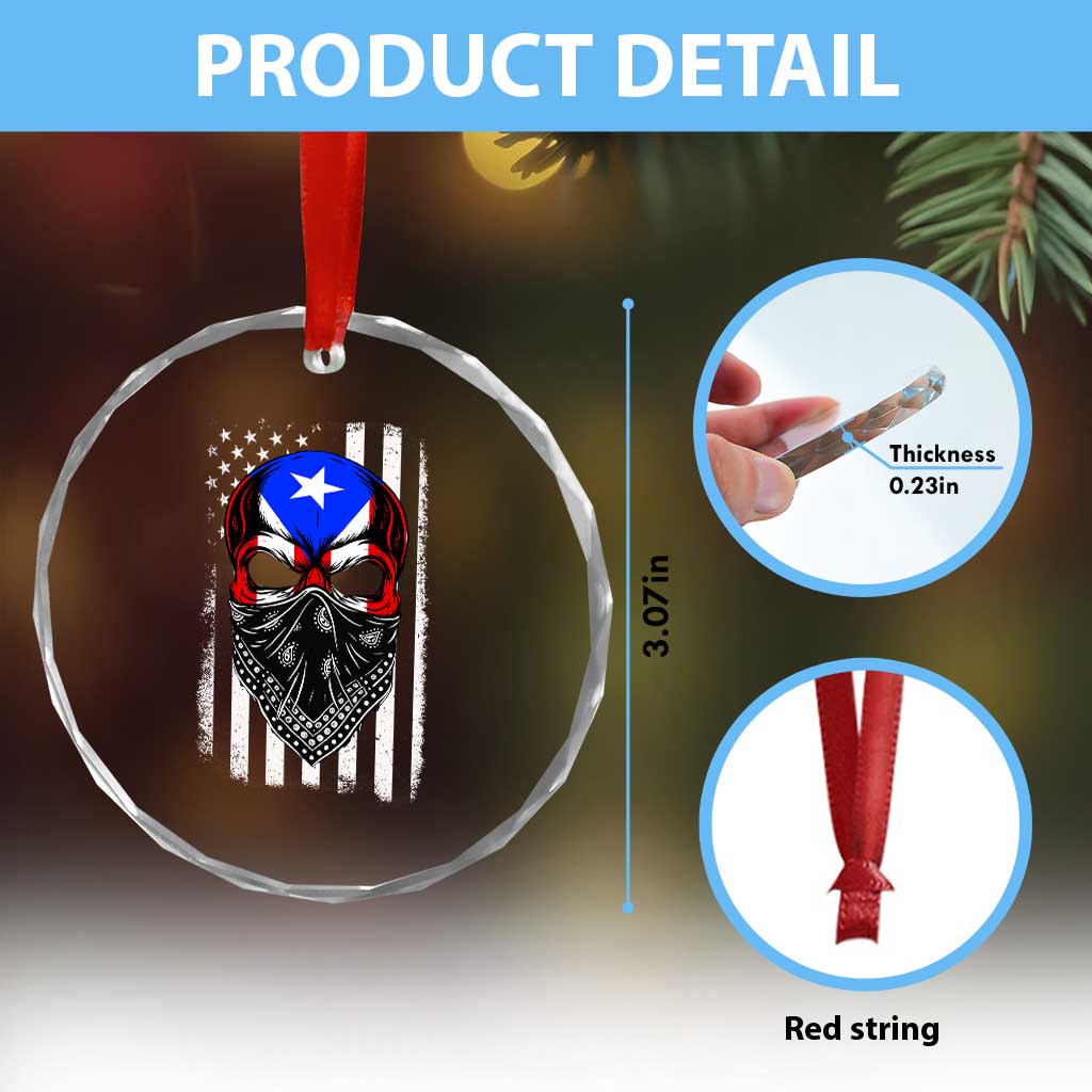 Skull Puerto Rican American Flag Crystal Glass Ornament With Bandana