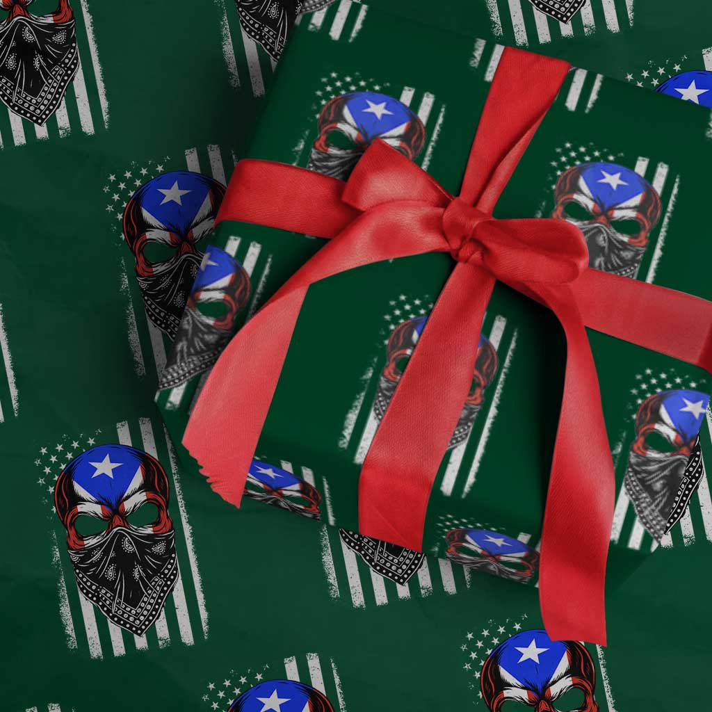 Skull Puerto Rican American Flag Wrapping Paper Roll With Bandana