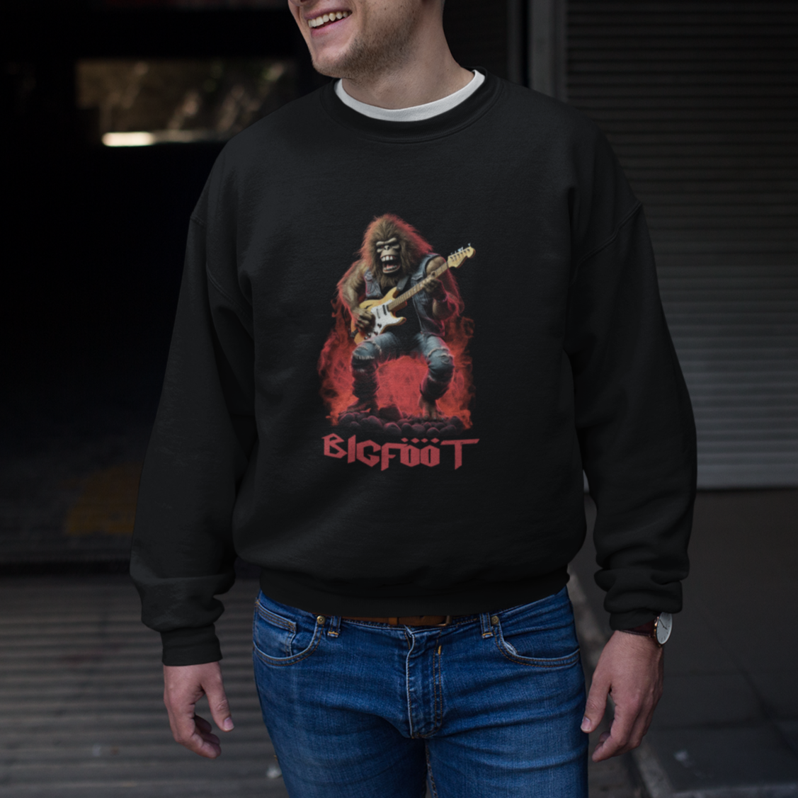 Bigfoot Rock N Roll Sweatshirt Funny Sasquatch Playing Electric Guitar - Wonder Print Shop