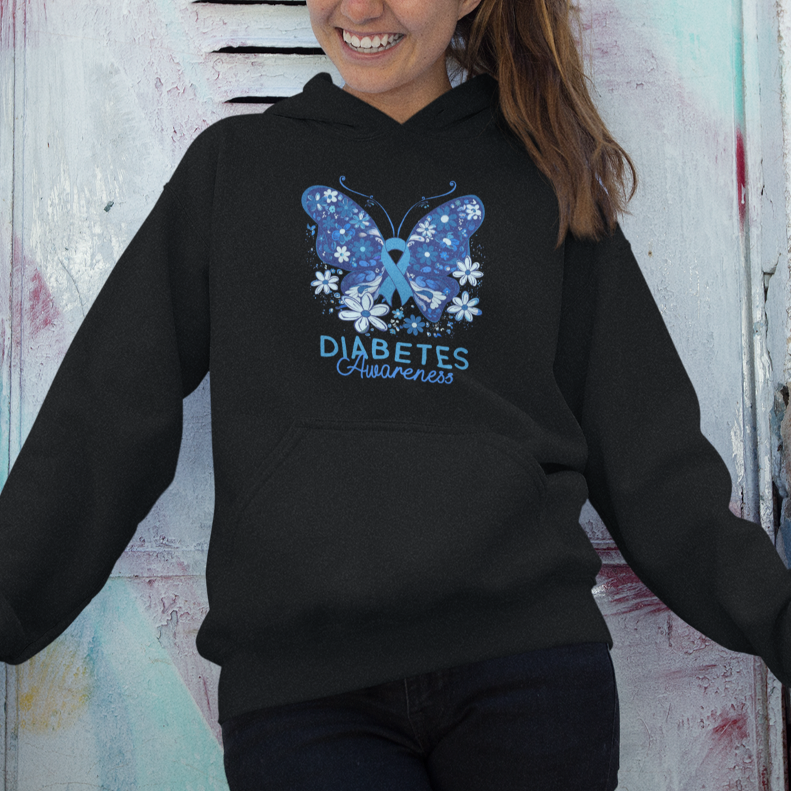 In November We Wear Blue Ribbon Butterfly Diabetes Awareness Hoodie - Wonder Print Shop