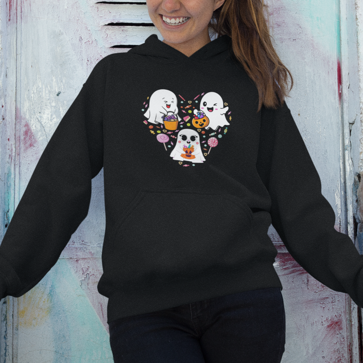 Halloween Hoodie Cute Ghost Dancing In The Candy Rain Spooky Season - Wonder Print Shop