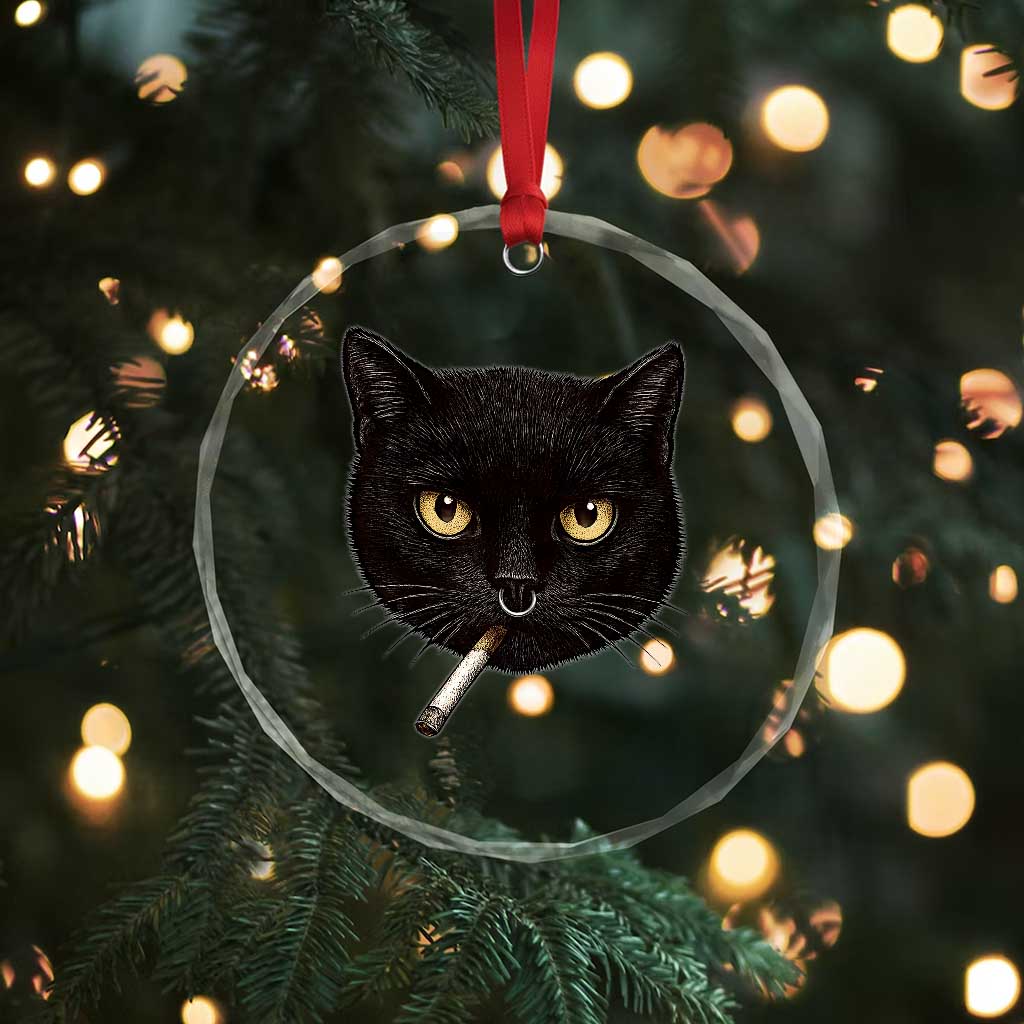 Smoking Cat Y2K Crystal Glass Ornament Vintage Black Cat Edgy Retro 90s Grunge - Wonder Print Shop