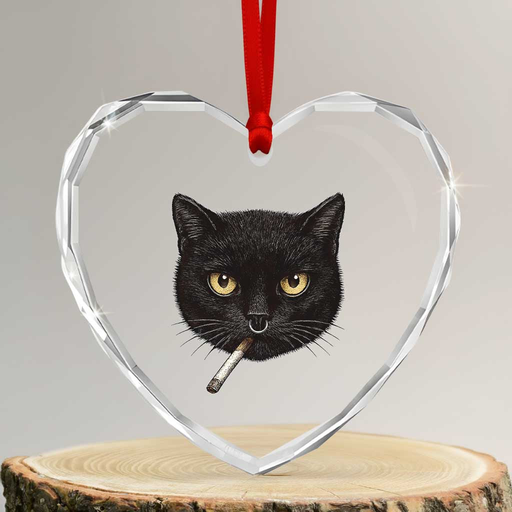 Smoking Cat Y2K Heart Crystal Glass Ornament Vintage Black Cat Edgy Retro 90s Grunge - Wonder Print Shop