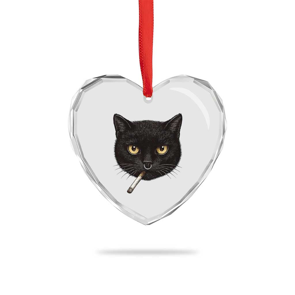 Smoking Cat Y2K Heart Crystal Glass Ornament Vintage Black Cat Edgy Retro 90s Grunge - Wonder Print Shop