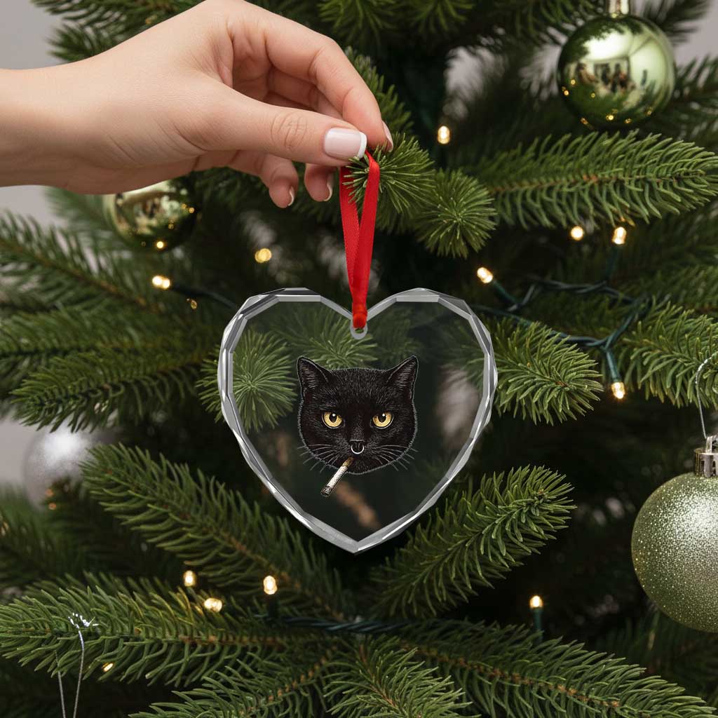 Smoking Cat Y2K Heart Crystal Glass Ornament Vintage Black Cat Edgy Retro 90s Grunge - Wonder Print Shop