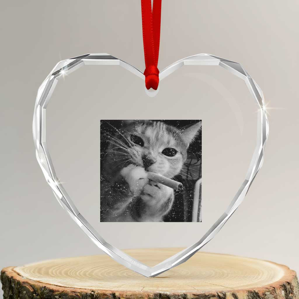 Smoking Cat Y2K Heart Crystal Glass Ornament Vintage Grunge Cat Edgy Retro 90s Streetwear - Wonder Print Shop