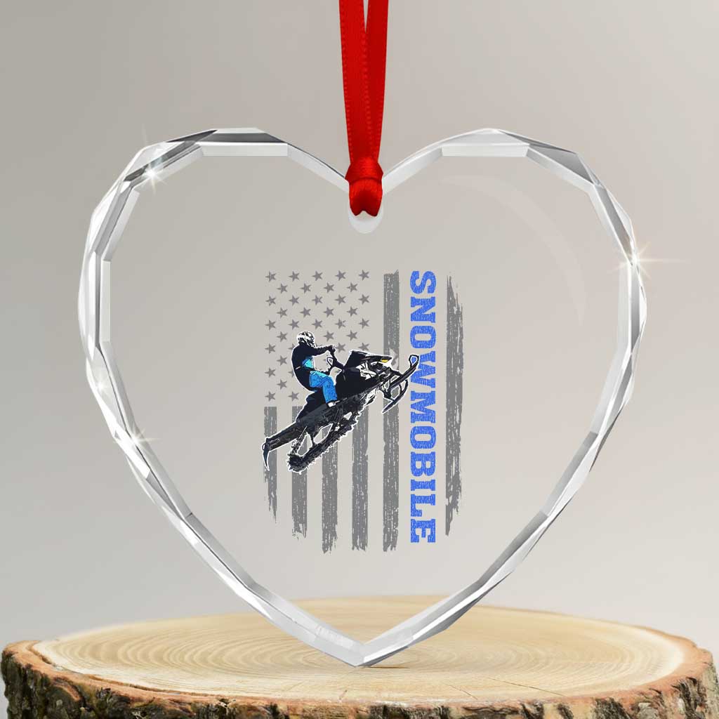Snowmobile American Flag  Snowcross Riding Winter Sport Heart Crystal Glass Ornament - Wonder Print Shop
