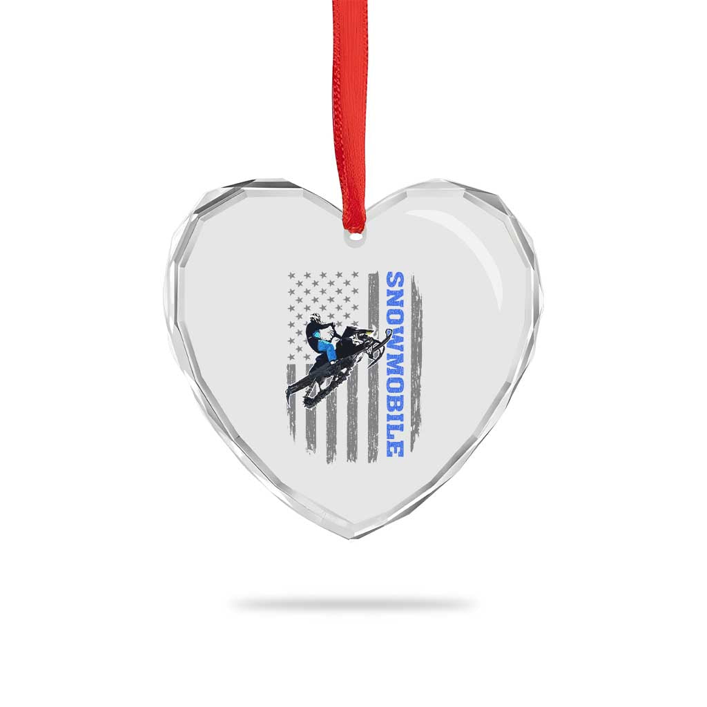 Snowmobile American Flag  Snowcross Riding Winter Sport Heart Crystal Glass Ornament - Wonder Print Shop