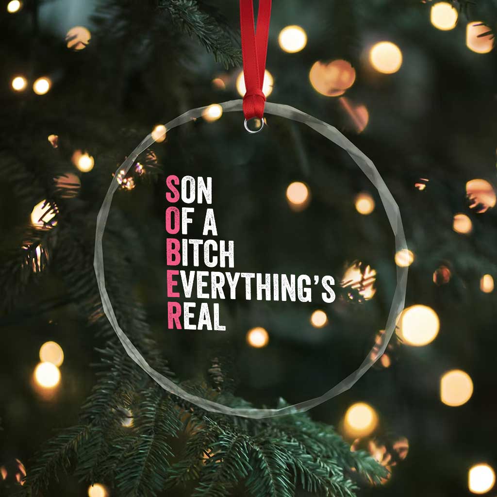 Sobriety Anniversary Crystal Glass Ornament Sober Son Of A Bitch Everythings Real Pink AA NA
