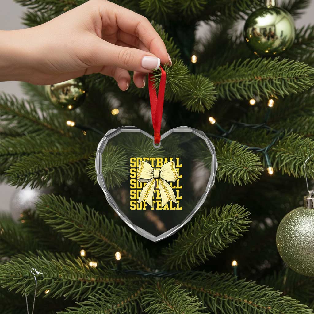 Softball Bow Heart Crystal Glass Ornament Sister Sport Lovers Girls Team