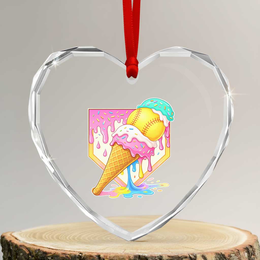 Softball Drip Heart Crystal Glass Ornament Cute Softball Girls Ice Cream Drip Game Day