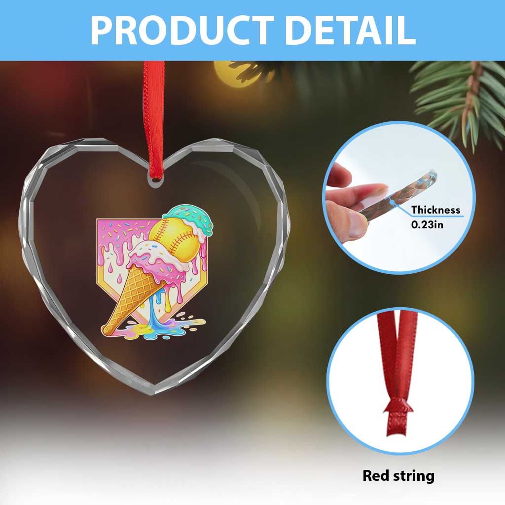 Softball Drip Heart Crystal Glass Ornament Cute Softball Girls Ice Cream Drip Game Day