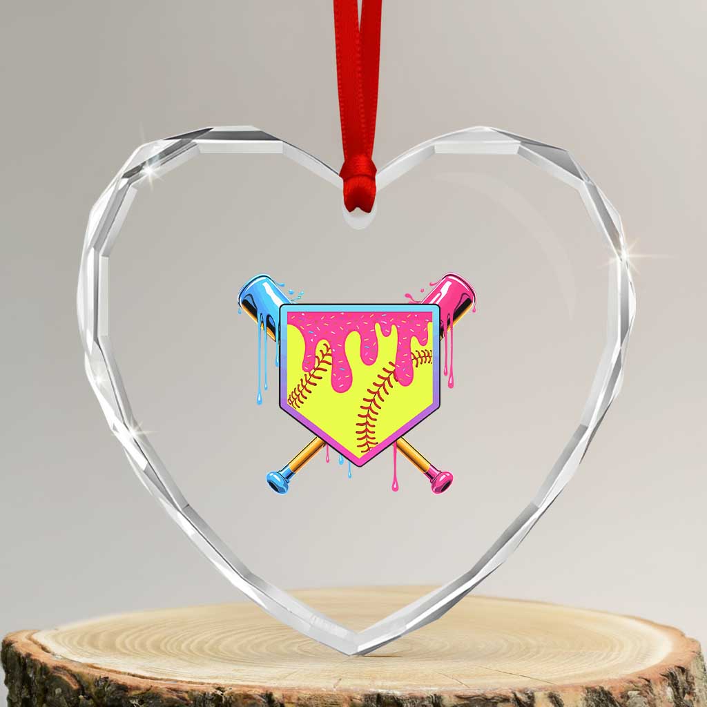 Softball Drip Heart Crystal Glass Ornament Ice Cream Drip Youth Girls Softball Sport