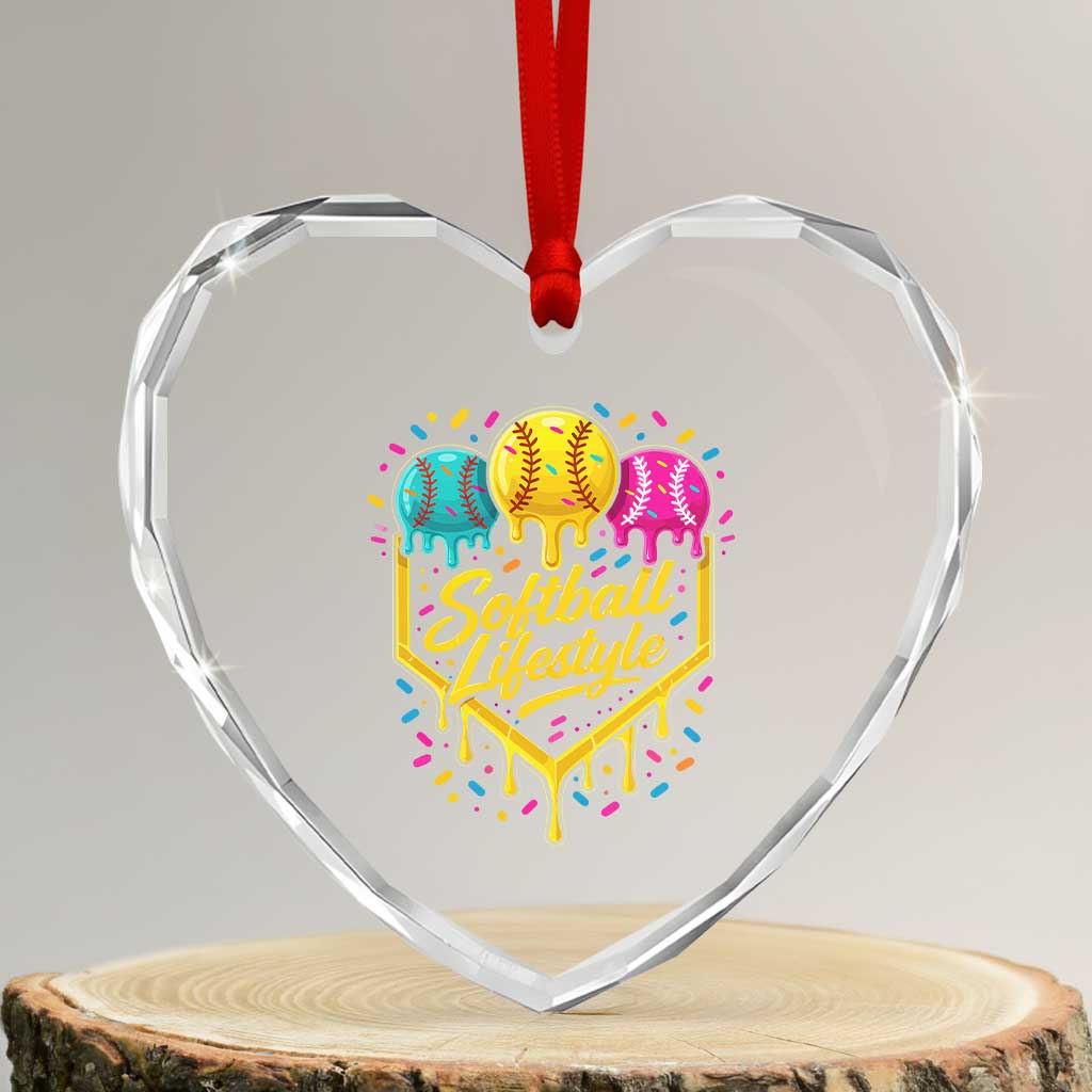 Softball Drip Heart Crystal Glass Ornament Ice Cream Sprinkles Softball Life Style