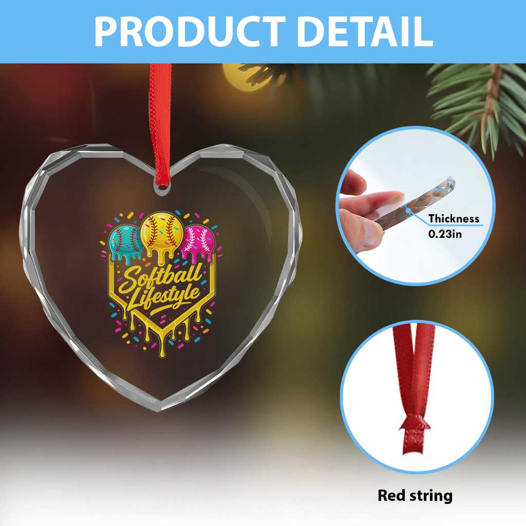 Softball Drip Heart Crystal Glass Ornament Ice Cream Sprinkles Softball Life Style