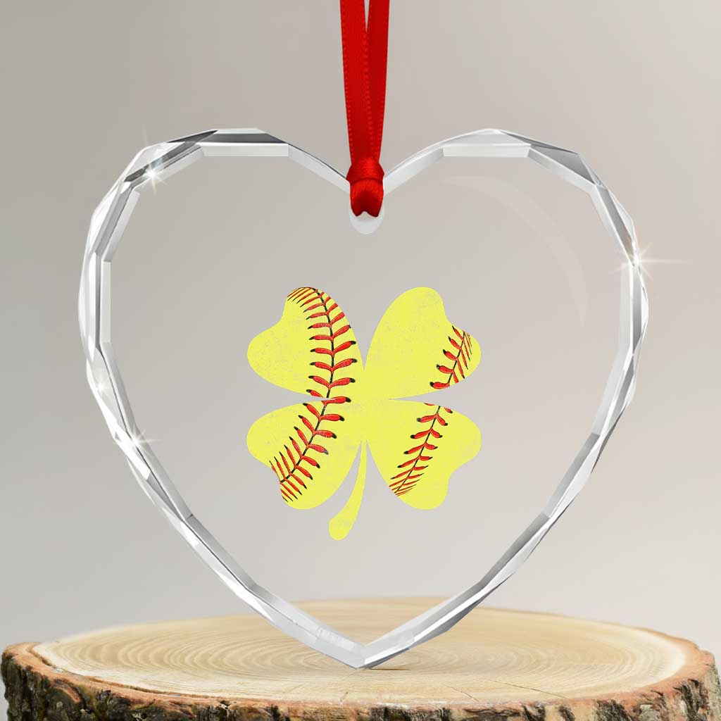 Softball St Patricks Day Irish Clover Sport Heart Crystal Glass Ornament