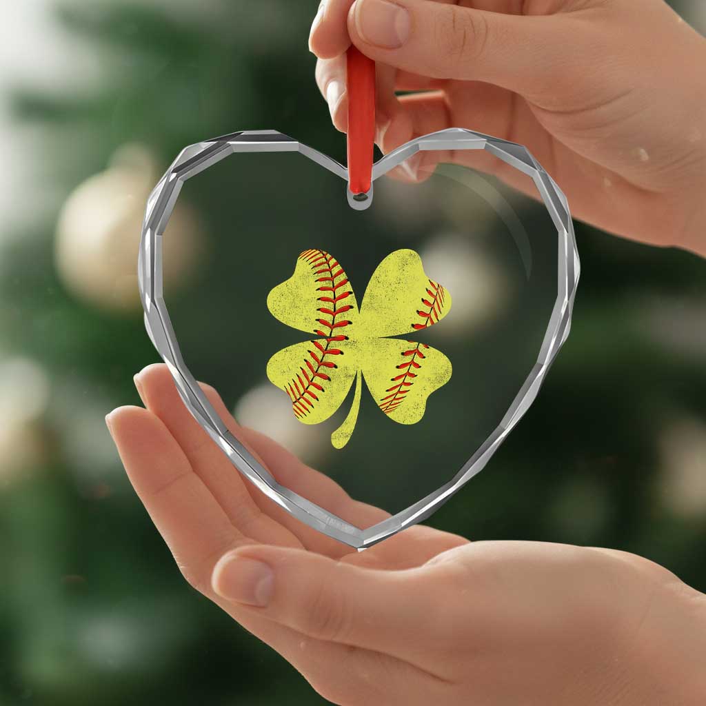 Softball St Patricks Day Irish Clover Sport Heart Crystal Glass Ornament