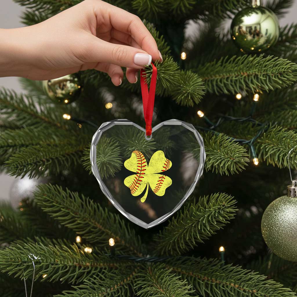 Softball St Patricks Day Irish Clover Sport Heart Crystal Glass Ornament
