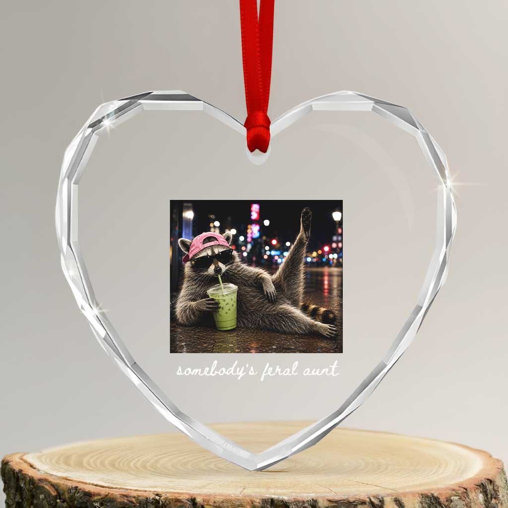 Somebody's Feral Aunt Heart Crystal Glass Ornament Raccoon Drinking Iced Matcha Latte Sarcastic Animal Humor