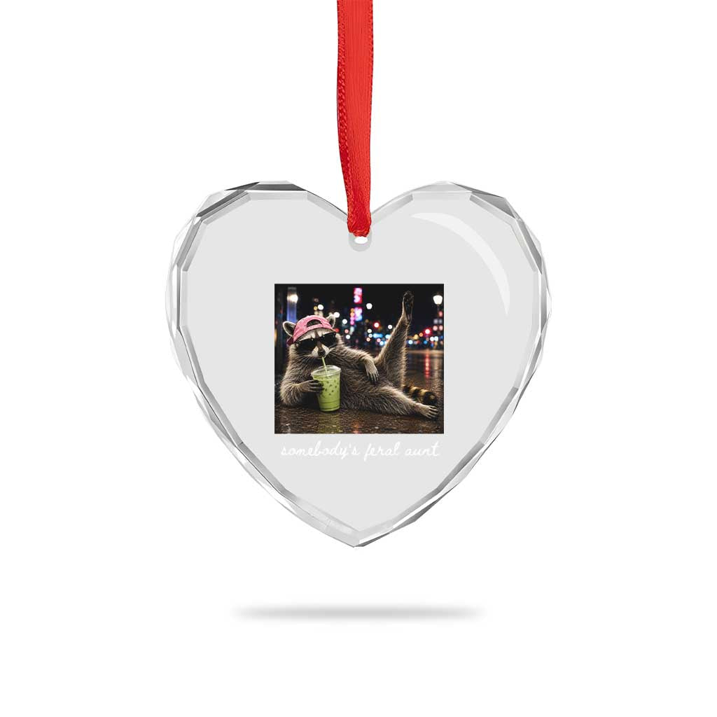 Somebody's Feral Aunt Heart Crystal Glass Ornament Raccoon Drinking Iced Matcha Latte Sarcastic Animal Humor