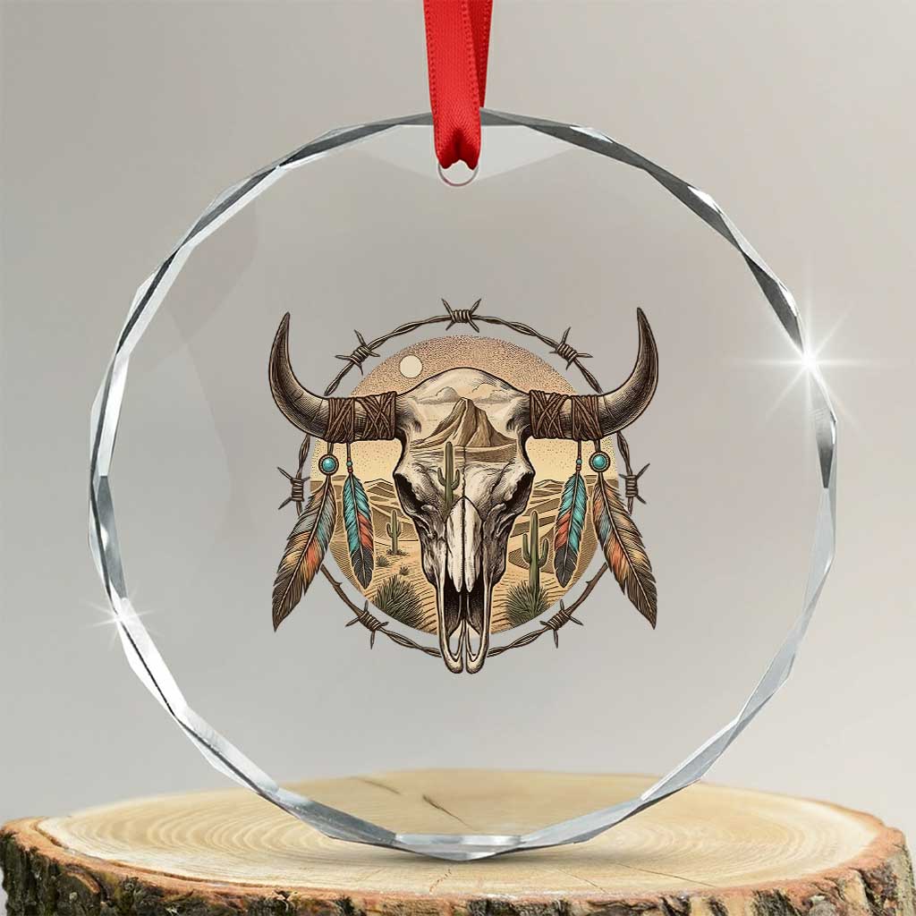 Southwestern Desert Bull Skull Crystal Glass Ornament Rustic Western Feather Emblem