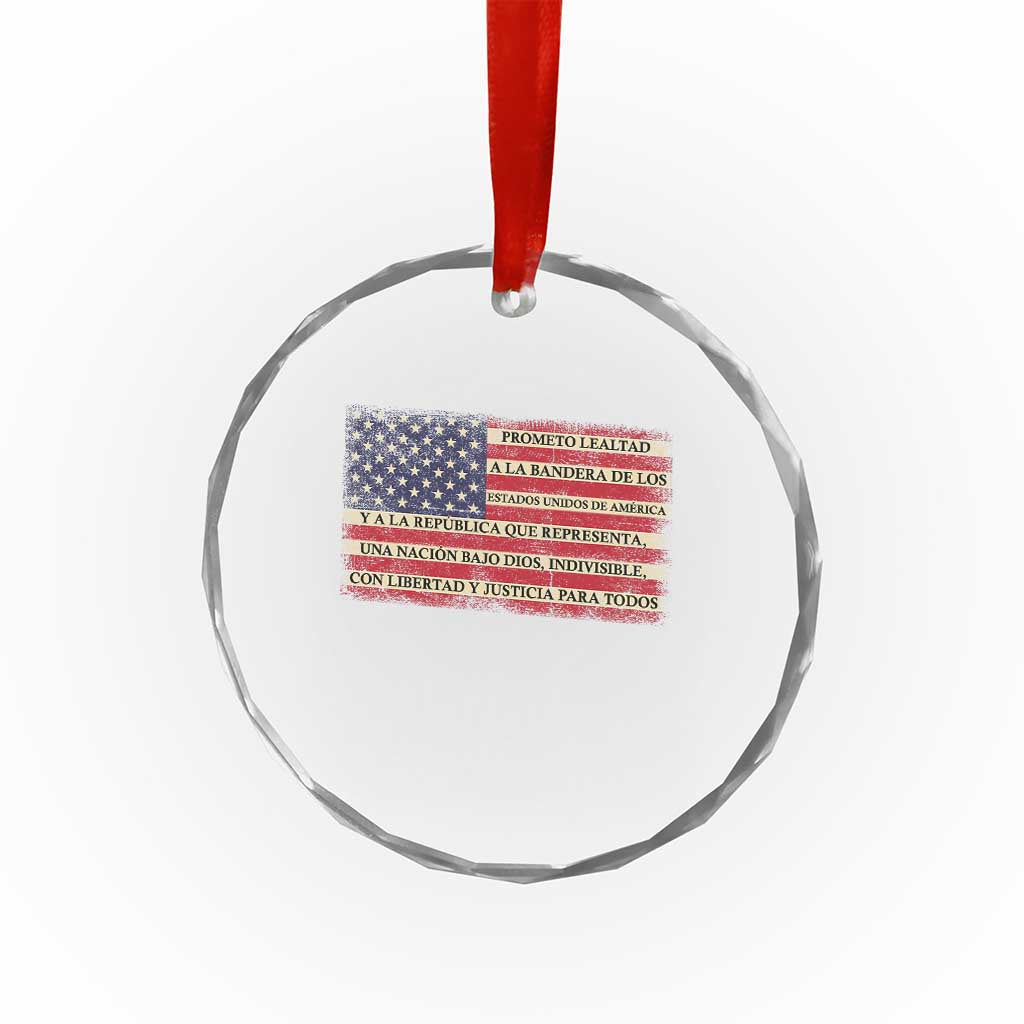 Spanish Pledge of Allegiance USA Flag Vintage Patriotic Graphic Crystal Glass Ornament American Patriot Promesa de Lealtad