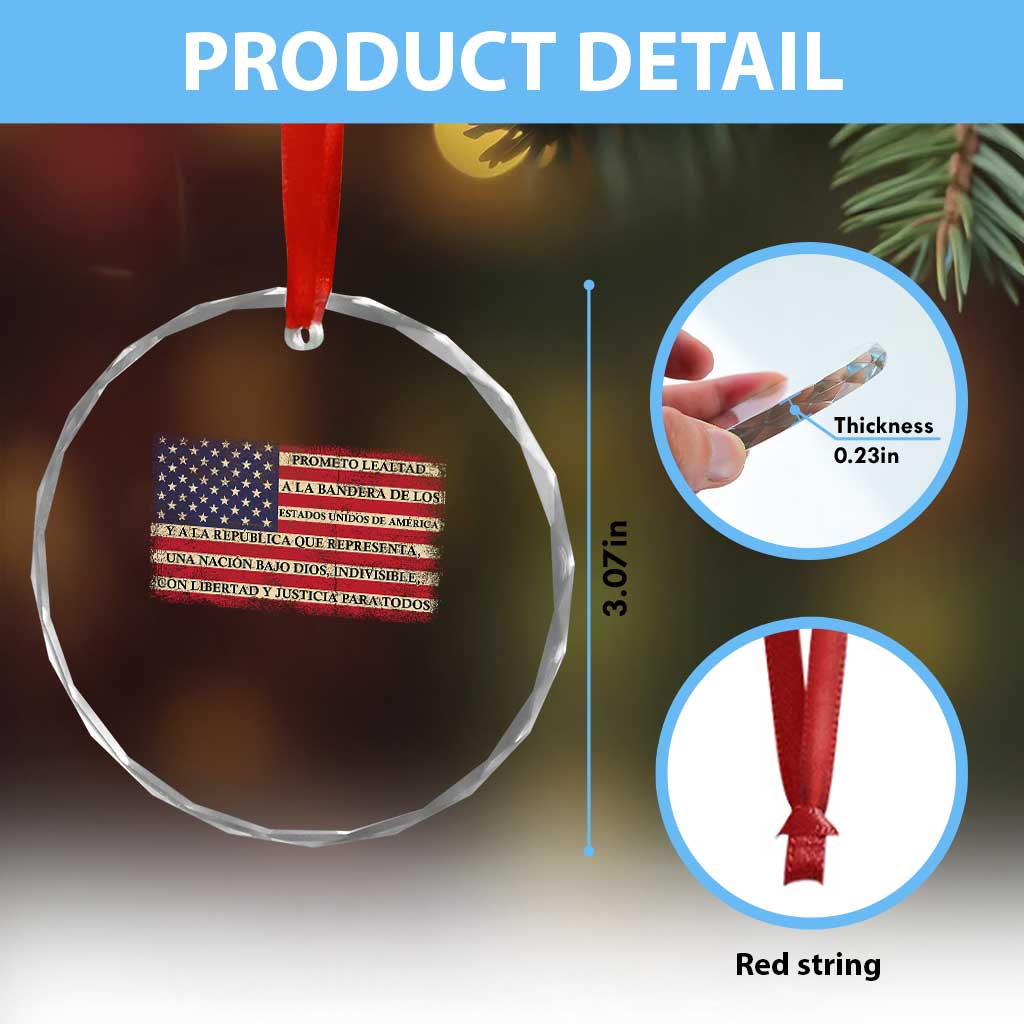 Spanish Pledge of Allegiance USA Flag Vintage Patriotic Graphic Crystal Glass Ornament American Patriot Promesa de Lealtad