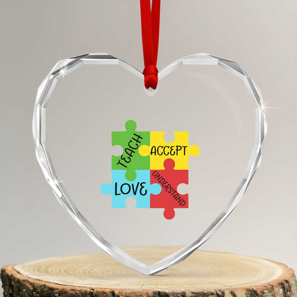 Special Ed Educator Autism Support Heart Crystal Glass Ornament Teach Accept Understand Love
