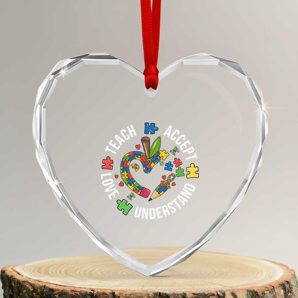 Special Education Teacher Autism Heart Crystal Glass Ornament Teach Accept Understand Love
