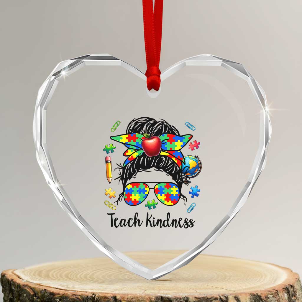 Sped Educator Autism Support Heart Crystal Glass Ornament Teach Kindness Messy Bun