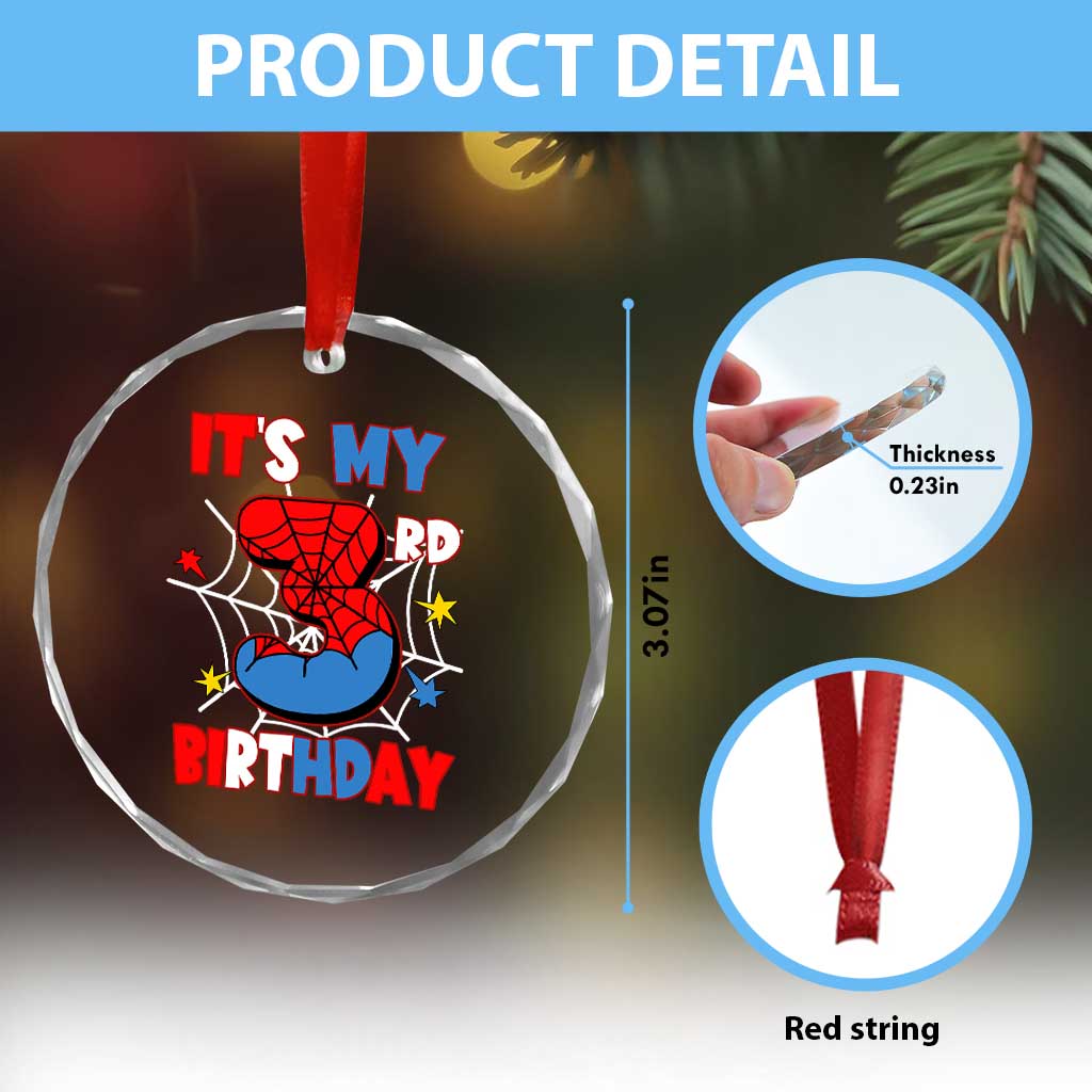 Spider Birthday Crystal Glass Ornament It's My 3rd Bday Party 3 Years Old Boy TS02