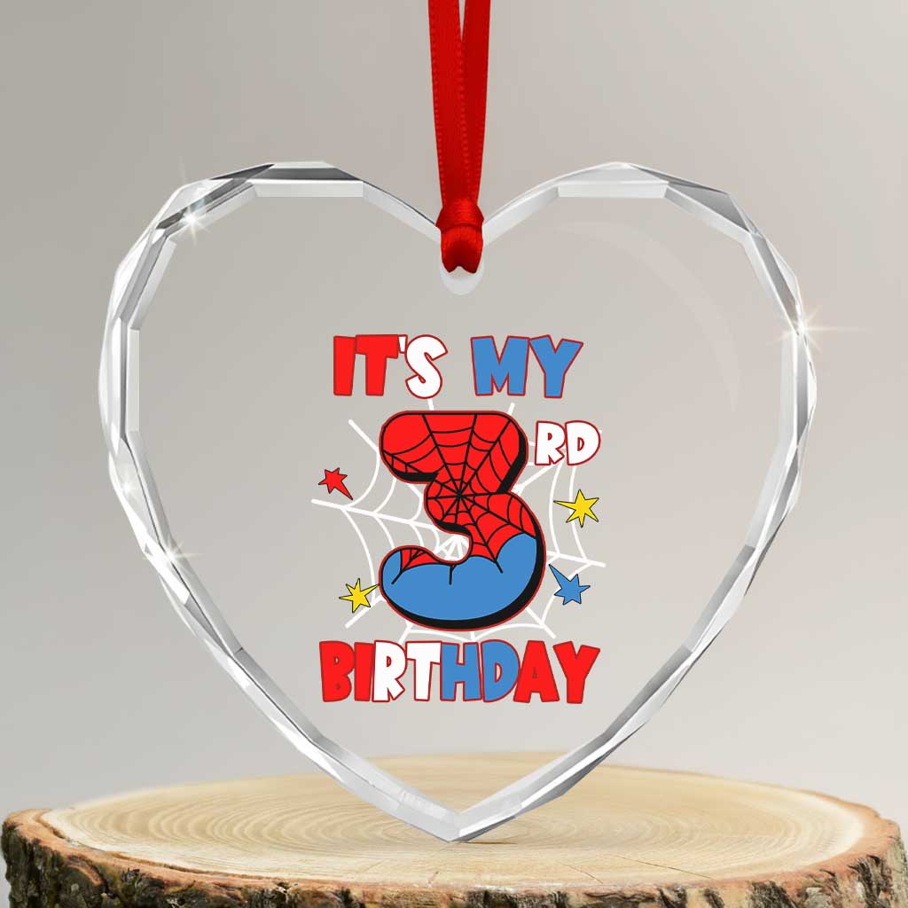 Spider Birthday Heart Crystal Glass Ornament It's My 3rd Bday Party 3 Years Old Boy - Wonder Print Shop