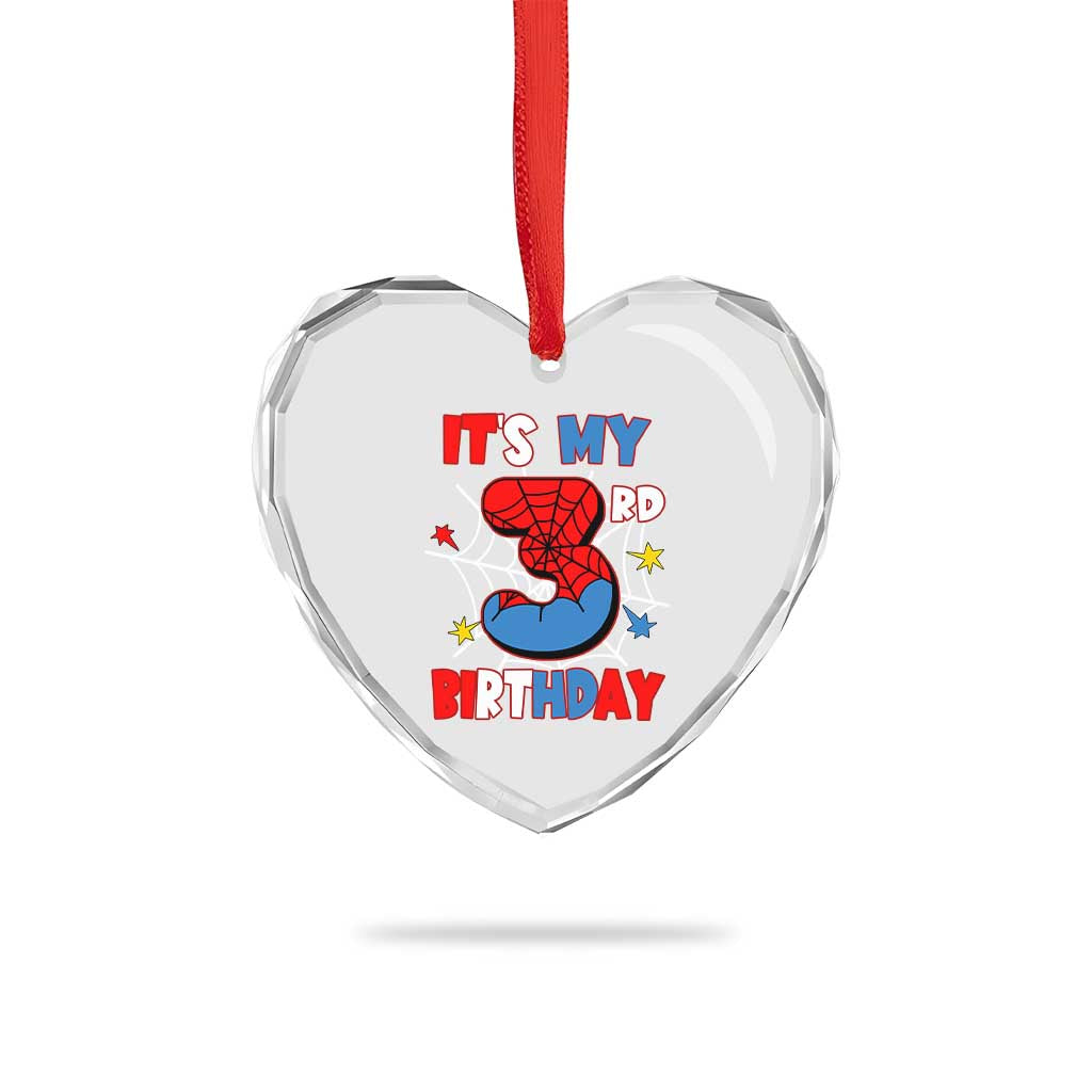 Spider Birthday Heart Crystal Glass Ornament It's My 3rd Bday Party 3 Years Old Boy - Wonder Print Shop