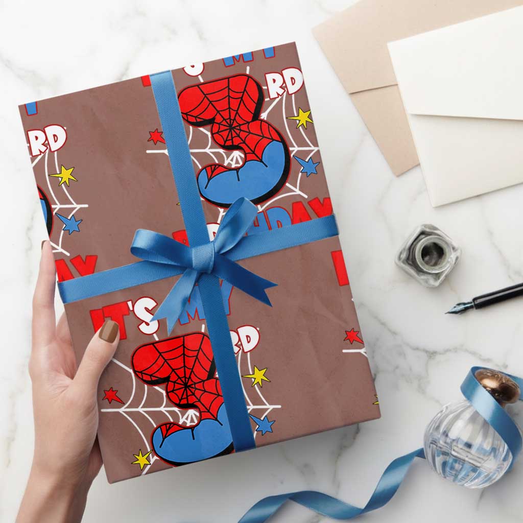 Spider Birthday Wrapping Paper Roll It's My 3rd Bday Party 3 Years Old Boy - Wonder Print Shop