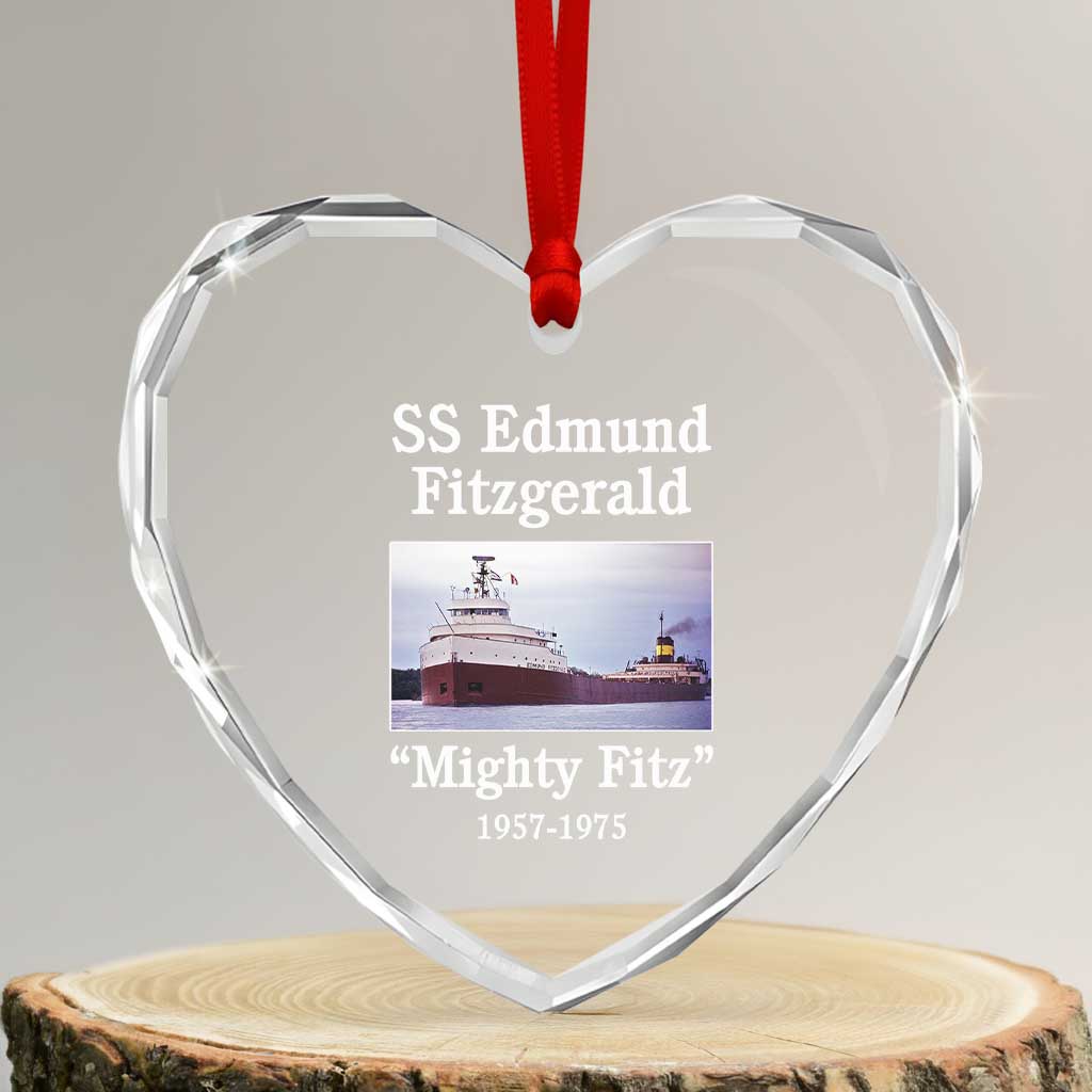 SS Edmund Fitzgerald Mighty Fitz Tribute Heart Crystal Glass Ornament Great Lakes Shipwreck Memorial - Wonder Print Shop