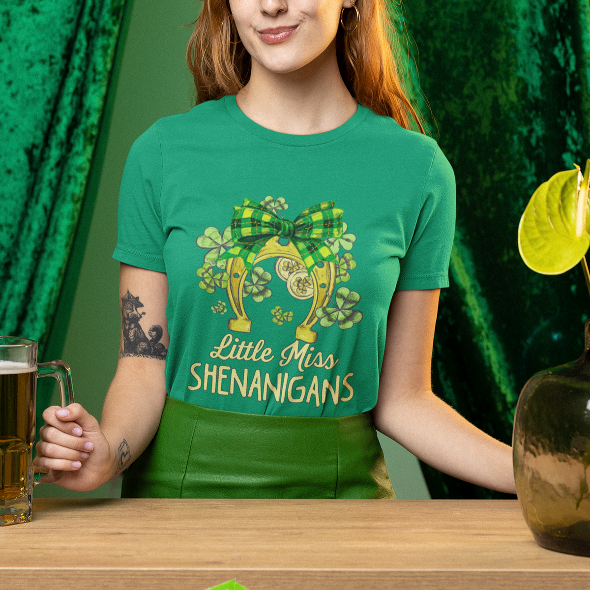 St. Patrick's Day T Shirt For Women Little Miss Shenanigans Coquette Shamrocks - Wonder Print Shop