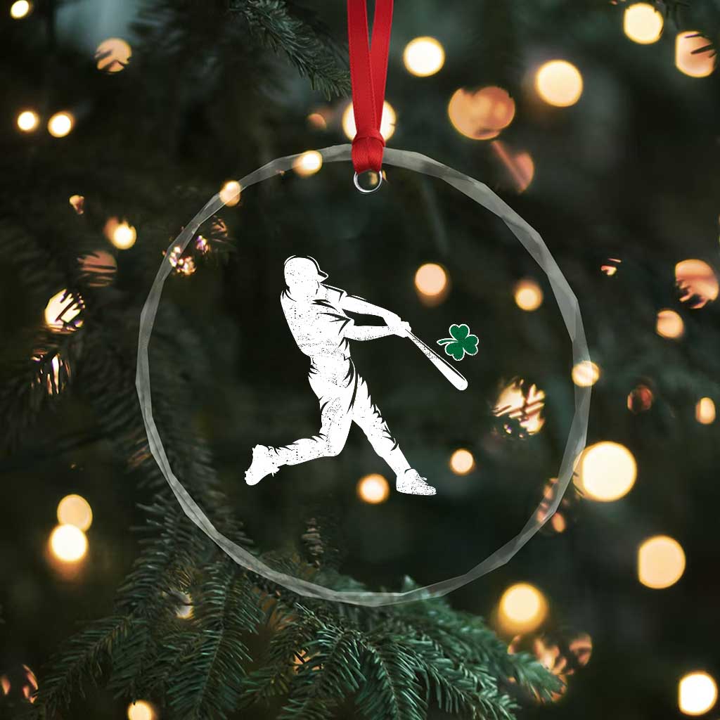 St Patricks Day Baseball Batter Silhouette Shamrock Crystal Glass Ornament